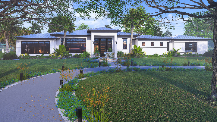 Rendering of a white house with big windows